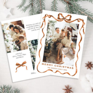 Festive Merry Christmas Boho Bow Ribbon 3 Photo Holiday Card