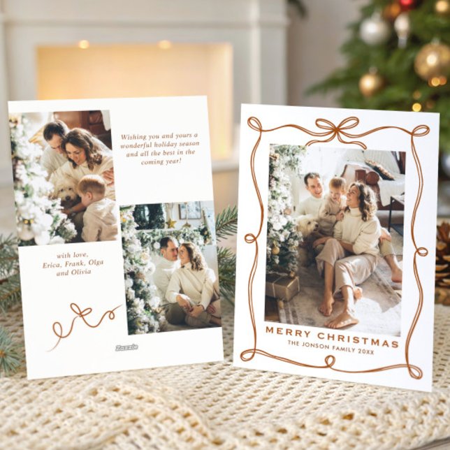 Festive Merry Christmas Boho Bow Ribbon 3 Photo Holiday Card (Creator Uploaded)