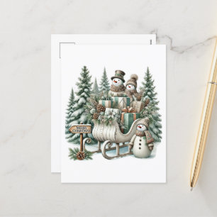 Festive Merry Christmas Country snowman sled Holiday Postcard