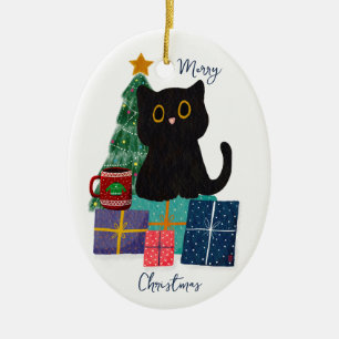 Festive Merry Christmas Cute Black Cat Coffee Art Ceramic Tree Decoration