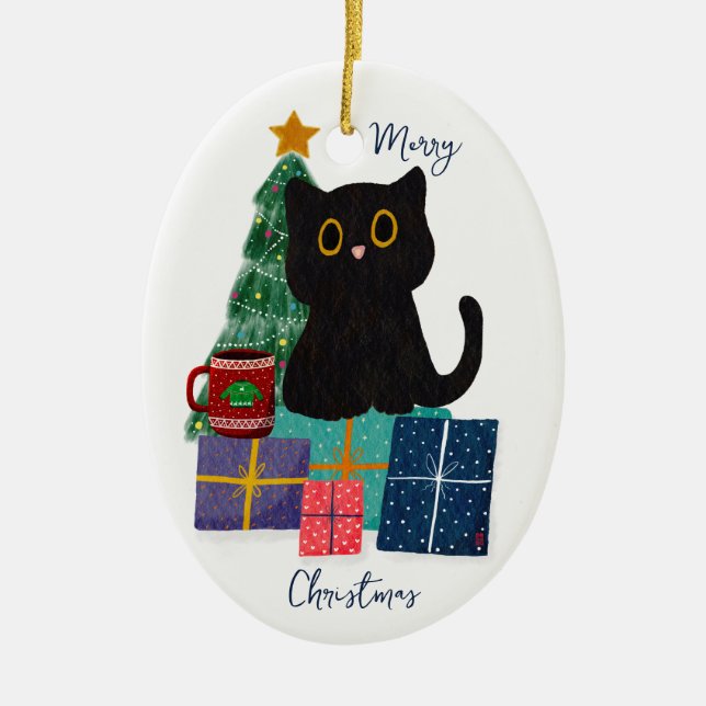 Festive Merry Christmas Cute Black Cat Coffee Art Ceramic Tree Decoration (Front)