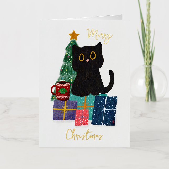 Festive Merry Christmas Cute Black Cat Coffee Art Foil Greeting Card (Front)