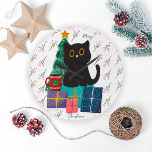 Festive Merry Christmas Cute Black Cat Coffee Art Large Clock
