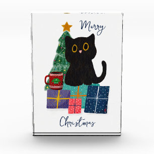 Festive Merry Christmas Cute Black Cat Coffee Art Photo Block