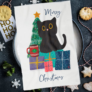 Festive Merry Christmas Cute Black Cat Coffee Art Tea Towel