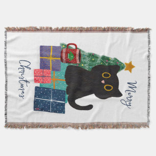 Festive Merry Christmas Cute Black Cat Coffee Art Throw Blanket