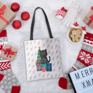 Festive Merry Christmas Cute Black Cat Coffee Art Tote Bag