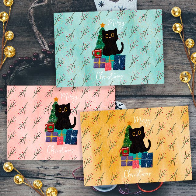Festive Merry Christmas Cute Black Cat Coffee Art Wrapping Paper Sheet (3 Paper Sheets)