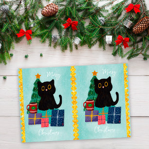 Festive Merry Christmas Cute Black Cat Coffee Blue Tissue Paper