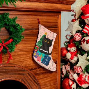 Festive Merry Christmas Cute Black Cat Coffee Pink Large Christmas Stocking