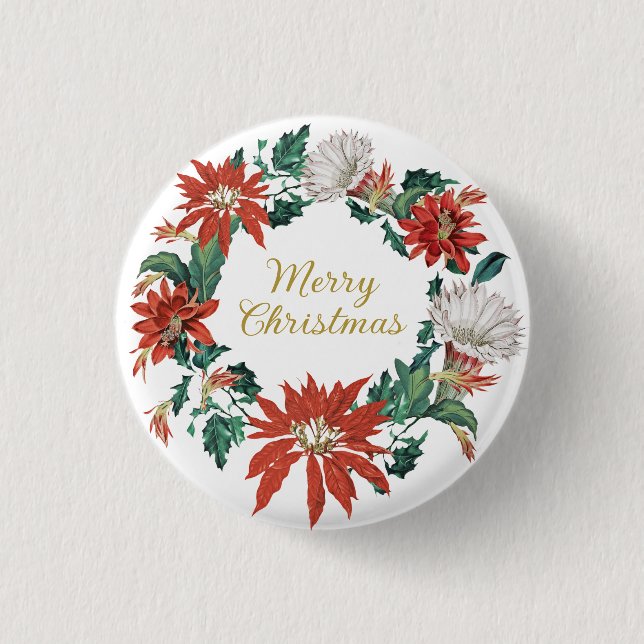Festive Merry Christmas Floral Poinsettia Wreath 3 Cm Round Badge (Front)