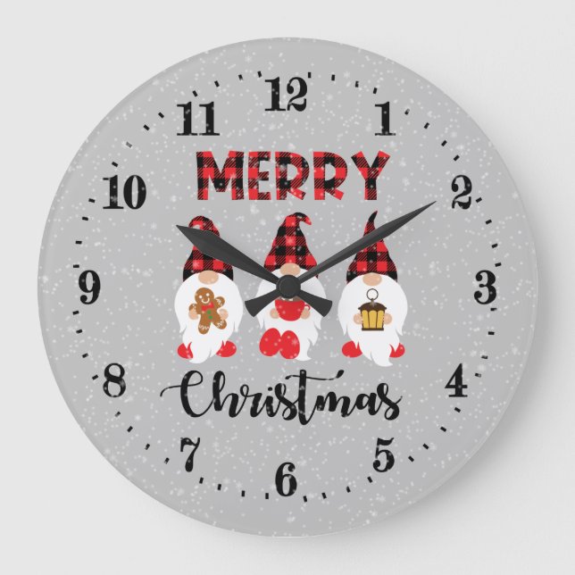 festive Merry Christmas gnomes Holiday Large Clock (Front)