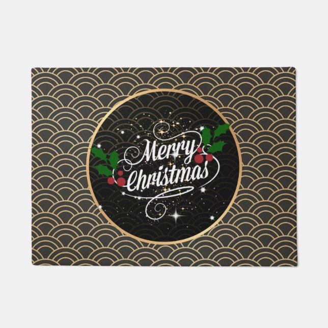 Festive Merry Christmas gold and midnight black Doormat (Front)