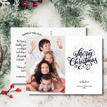 Festive Merry Christmas Gold Starburst One Photo Postcard<br><div class="desc">Spread holiday cheer with this postcard featuring a festive faux gold starburst and hand lettered typography art that reads "Merry Christmas". Customise by uploading your vertical photo. The backside features your custom greetings, name and note (or delete to leave space for a handwritten note). Add your return address to the...</div>