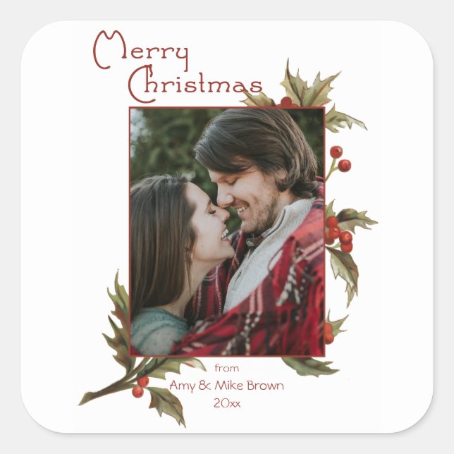 Festive Merry Christmas | Holly | Photo Square Sticker (Front)