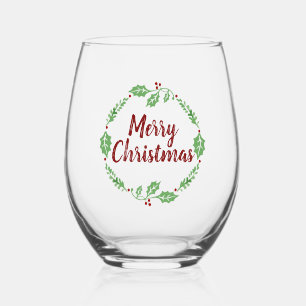Festive Merry Christmas Holly Wreath Party  Stemless Wine Glass