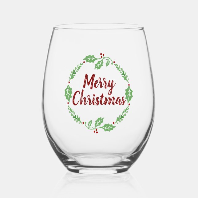 Festive Merry Christmas Holly Wreath Party  Stemless Wine Glass (Front)