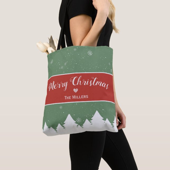 Festive Merry Christmas Last Name Snowflake Tote Bag (Close Up)
