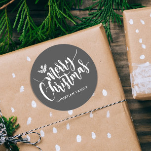 Festive Merry Christmas Personalised Grey Classic Round Sticker