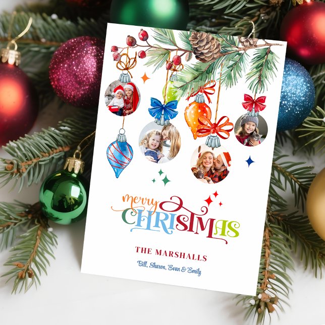 Festive Merry Christmas Pine & Baubles 4 Photo Holiday Card (Creator Uploaded)