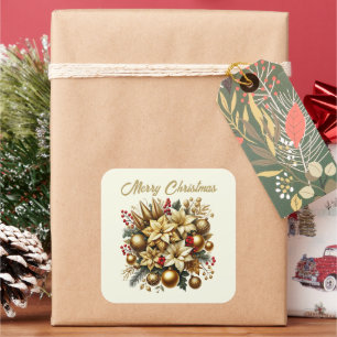 Festive Merry Christmas poinsettias add text Square Sticker