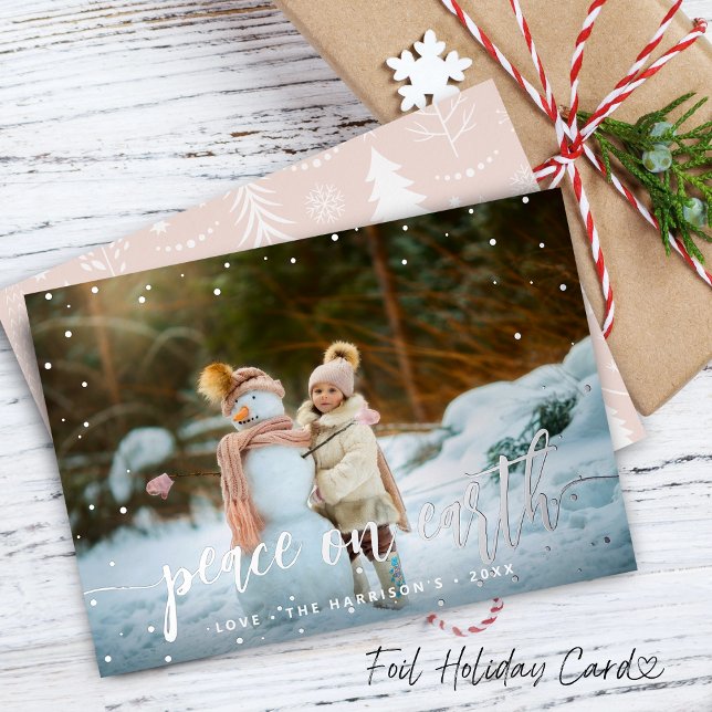 Festive Merry Christmas Silver Snow Photo (Festive Peace on Earth Silver Snow Photo Foil Holiday Card)