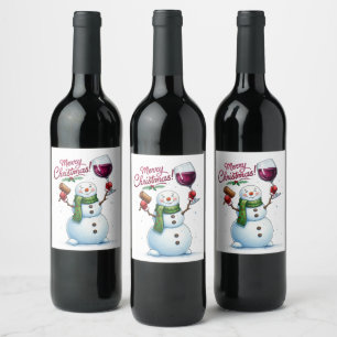 Festive Merry Christmas snowman drinking party  Wine Label