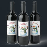 Festive Merry Christmas snowman drinking Wine Label<br><div class="desc">Festive Merry Christmas snowman drinking Wine Label</div>