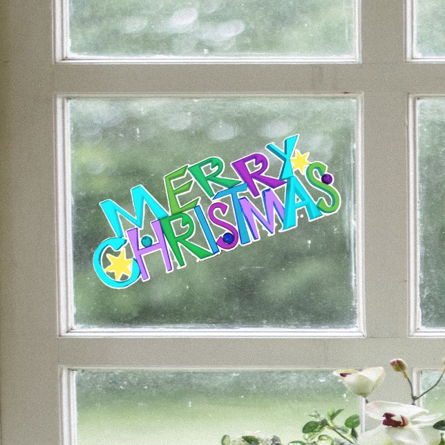 Festive Merry Christmas Text Colourful Letters (Festive Merry Christmas text colourful letters gold stars on window cling decoration.)