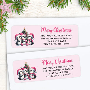 Festive Merry Christmas Three Cute Penguins Pink