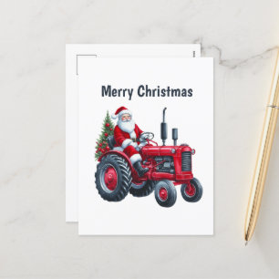 Festive Merry Christmas tractor Santa Holiday Postcard