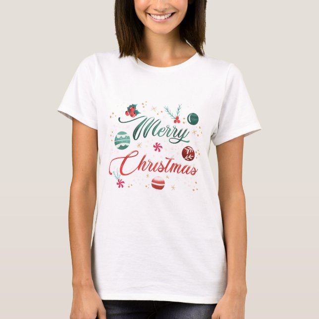Festive Merry Christmas Typography with Ornaments T-Shirt (Front)