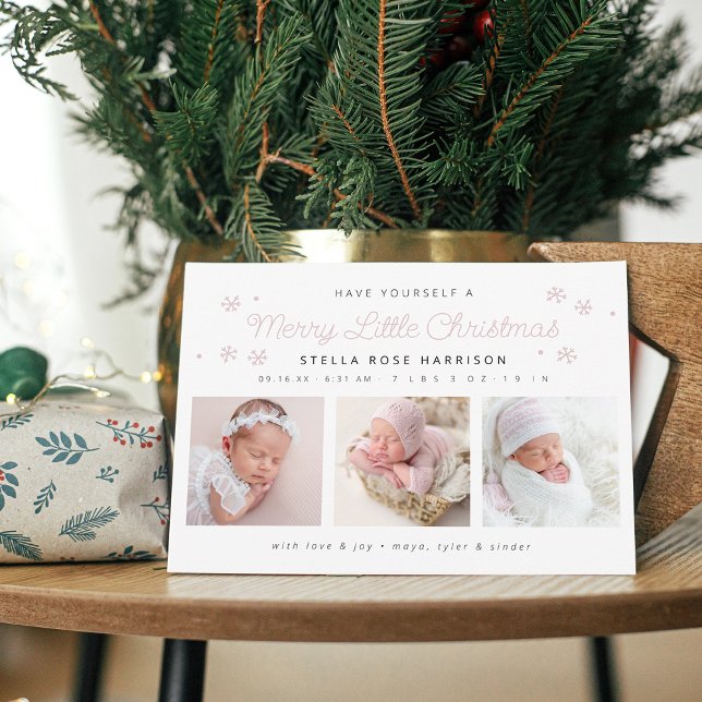 Festive Merry Little Christmas Birth Photos Holiday Card (Festive Merry Little Christmas Pink Birth Photos Holiday Card)