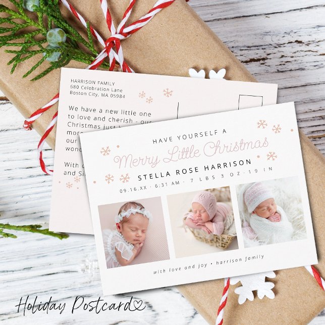 Festive Merry Little Christmas Birth Photos Holiday Postcard (Festive Merry Little Christmas Birth Pink Photos Holiday Postcard)