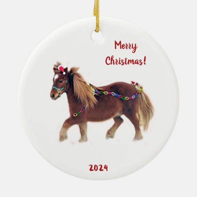 Festive Miniature Horse Running in the Snow Ceramic Tree Decoration (Back)