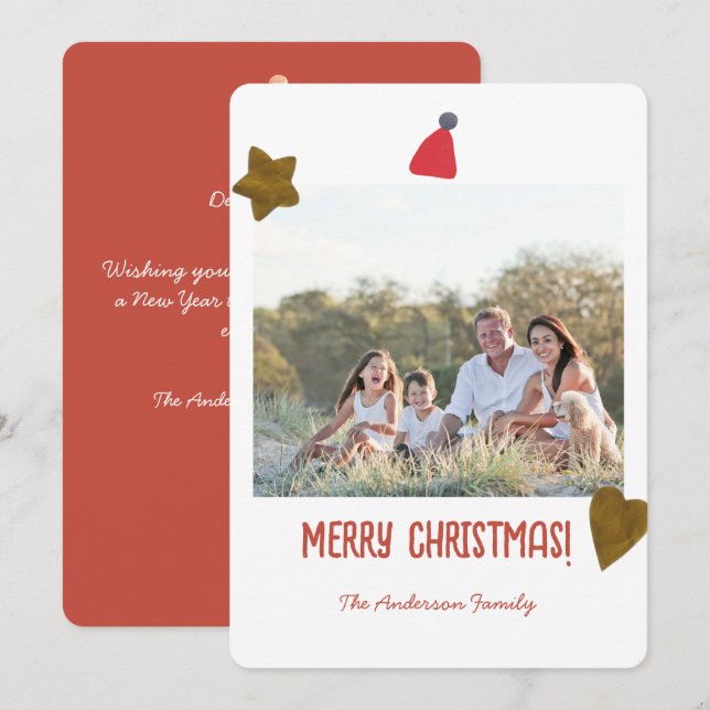 Festive Minimal Gold Heart Star Christmas Photo Holiday Card (Front/Back)