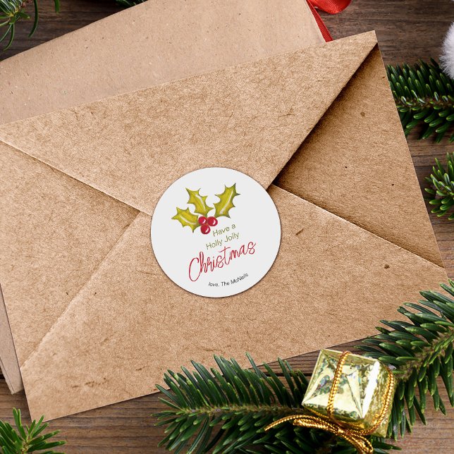 Festive Minimal Holly Berries Whimsical Christmas Classic Round Sticker (Creator Uploaded)