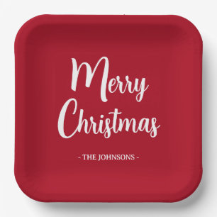 Festive Minimalist Merry Christmas Script Paper Plate