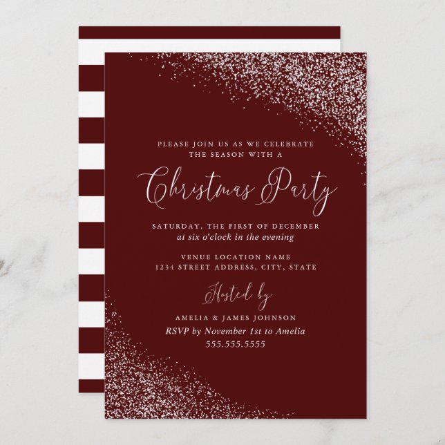 Festive Modern Burgundy Red Snow Christmas Invitation (Front/Back)