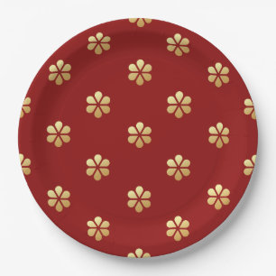 Festive Modern Christmas Red & Gold Daisy  Paper Plate