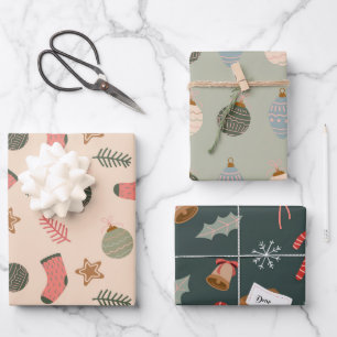 Festive Modern Christmas Socks Pattern Set of 3 Wrapping Paper Sheet