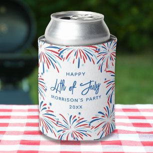 Festive Modern Fireworks, Custom Text 4th of July Can Cooler