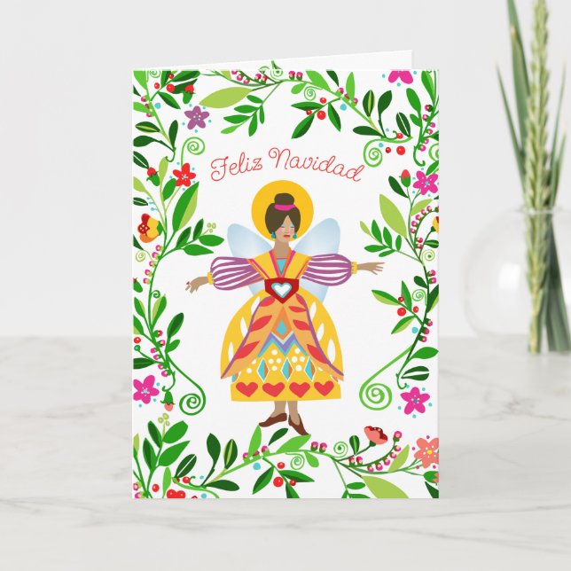 Festive Modern Folk Angel Spanish Christmas Card (Front)