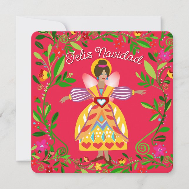 Festive Modern Folk Angel Spanish Flat Holiday Card (Front)