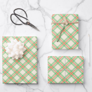 Festive Modern Green And Orange Plaid Pattern Wrapping Paper Sheet