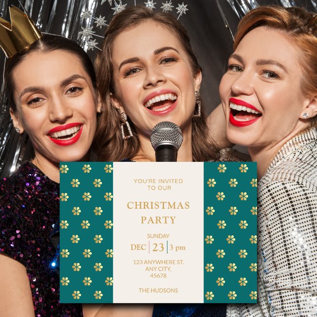 Festive Modern  Teal + Gold Daisy Christmas Party Holiday Card (Creator Uploaded)
