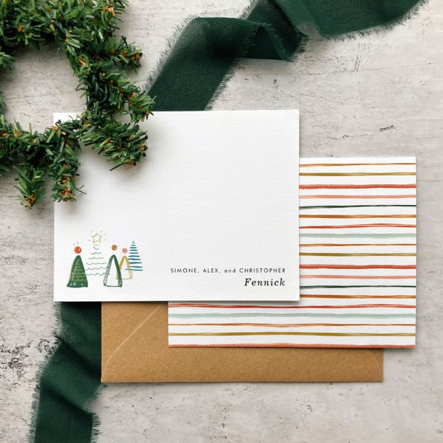 Festive Modern Watercolor Christmas Trees Holiday Card (Watercolor Christmas trees and striped backer personalized holiday note cards.)