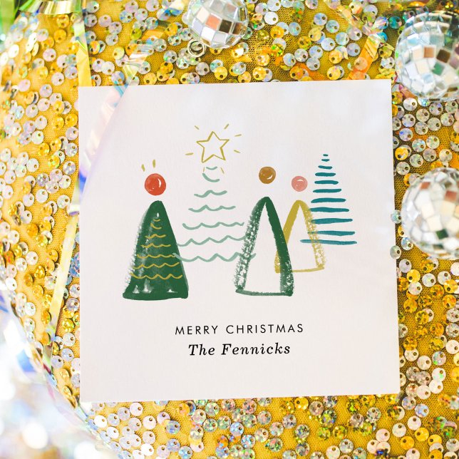 Festive Modern Watercolor Christmas Trees Holiday Napkin (Watercolor Christmas trees personalized Merry Christmas party napkins.)