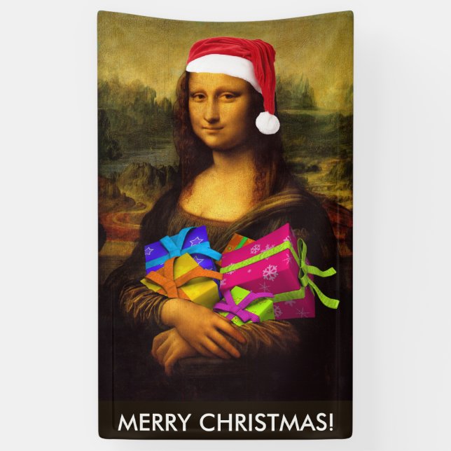 Festive Mona Lisa Santa Claus Banner (Vertical)