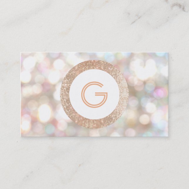 Festive Monogram Bokeh and Rose Gold  Faux Sequin Business Card (Front)